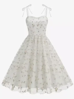 Robe de bal vintage années 1950 à fleurs pour femme - Robe midi trapèze en maille brodée et bretelles nouées - Collection été 2026