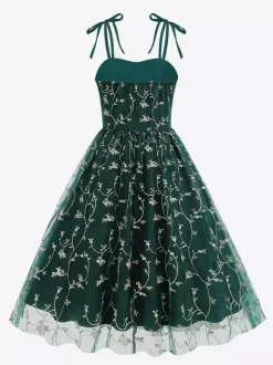 Robe de bal vintage années 1950 à fleurs pour femme - Robe midi trapèze en maille brodée et bretelles nouées - Collection été 2026