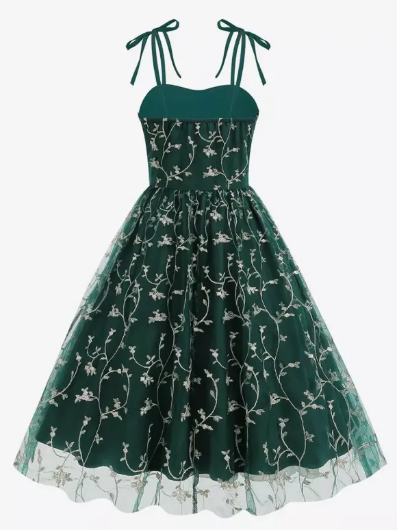 Robe de bal vintage années 1950 à fleurs pour femme - Robe midi trapèze en maille brodée et bretelles nouées - Collection été 2026