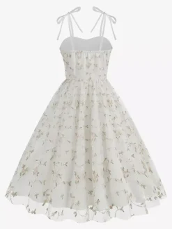 Robe de bal vintage années 1950 à fleurs pour femme - Robe midi trapèze en maille brodée et bretelles nouées - Collection été 2026