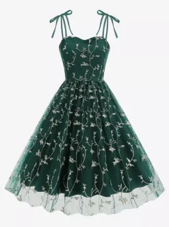Robe de bal vintage années 1950 à fleurs pour femme - Robe midi trapèze en maille brodée et bretelles nouées - Collection été 2026