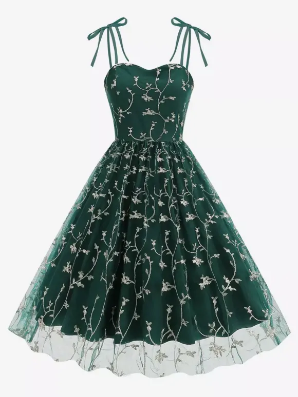 Robe de bal vintage années 1950 à fleurs pour femme - Robe midi trapèze en maille brodée et bretelles nouées - Collection été 2026