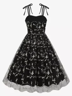 Robe de bal vintage années 1950 à fleurs pour femme - Robe midi trapèze en maille brodée et bretelles nouées - Collection été 2026