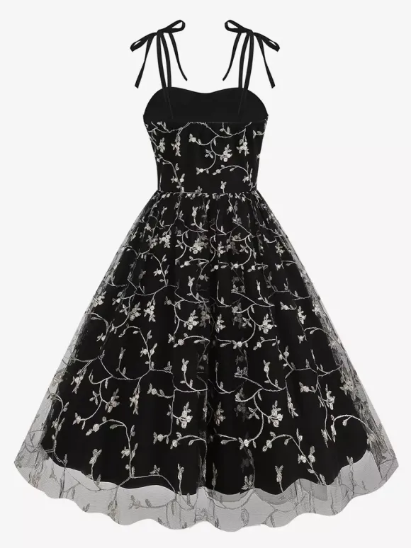 Robe de bal vintage années 1950 à fleurs pour femme - Robe midi trapèze en maille brodée et bretelles nouées - Collection été 2026