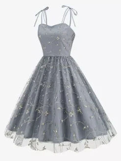 Robe de bal vintage années 1950 à fleurs pour femme - Robe midi trapèze en maille brodée et bretelles nouées - Collection été 2026