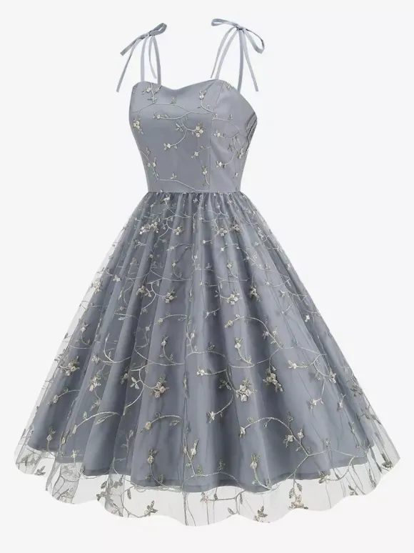 Robe de bal vintage années 1950 à fleurs pour femme - Robe midi trapèze en maille brodée et bretelles nouées - Collection été 2026