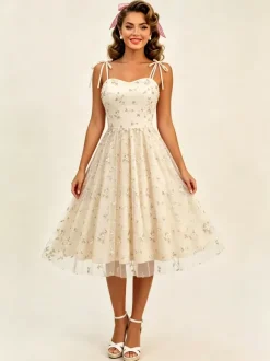 Robe de bal vintage années 1950 à fleurs pour femme - Robe midi trapèze en maille brodée et bretelles nouées - Collection été 2026