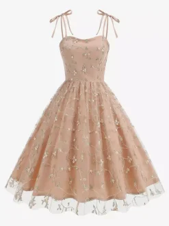Robe de bal vintage années 1950 à fleurs pour femme - Robe midi trapèze en maille brodée et bretelles nouées - Collection été 2026