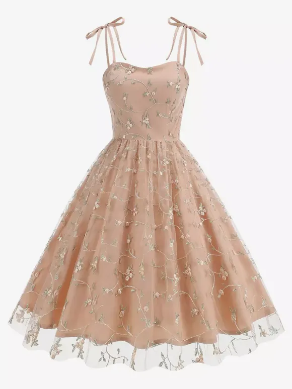 Robe de bal vintage années 1950 à fleurs pour femme - Robe midi trapèze en maille brodée et bretelles nouées - Collection été 2026
