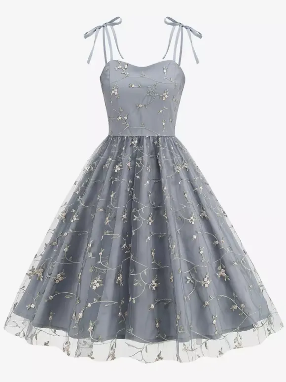 Robe de bal vintage années 1950 à fleurs pour femme - Robe midi trapèze en maille brodée et bretelles nouées - Collection été 2026