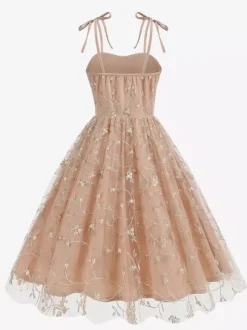 Robe de bal vintage années 1950 à fleurs pour femme - Robe midi trapèze en maille brodée et bretelles nouées - Collection été 2026