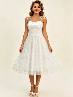 Robe de bal vintage années 1950 à fleurs pour femme - Robe midi trapèze en maille brodée et bretelles nouées - Collection été 2026