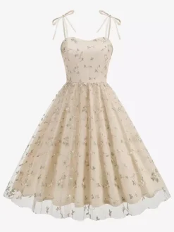Robe de bal vintage années 1950 à fleurs pour femme - Robe midi trapèze en maille brodée et bretelles nouées - Collection été 2026