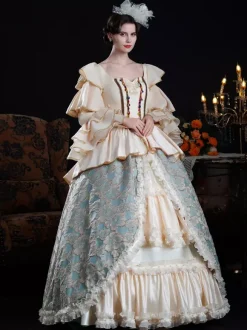 Robe de bal vintage rococo pour femme à volants et blocs de couleurs manches longues.