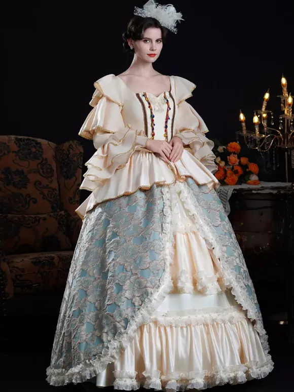 Robe de bal vintage rococo pour femme à volants et blocs de couleurs manches longues.