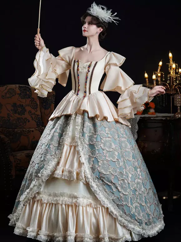 Robe de bal vintage rococo pour femme à volants et blocs de couleurs manches longues.