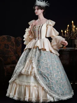 Robe de bal vintage rococo pour femme à volants et blocs de couleurs manches longues.