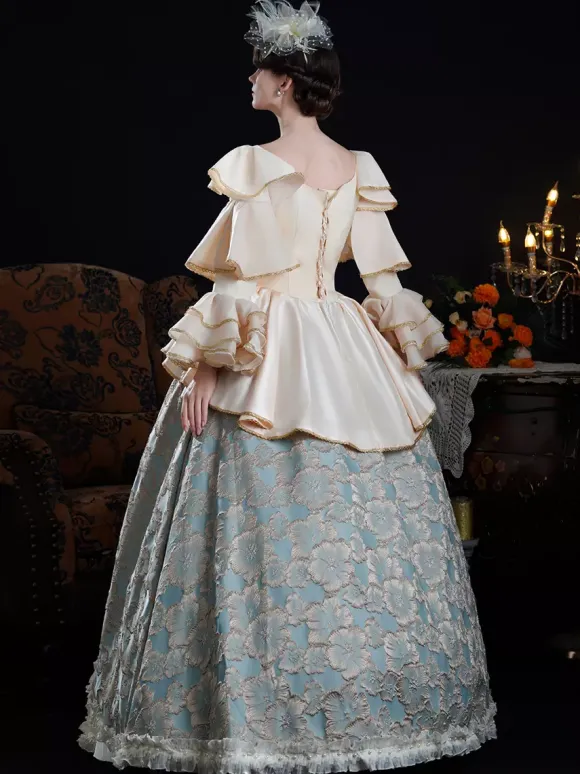 Robe de bal vintage rococo pour femme à volants et blocs de couleurs manches longues.