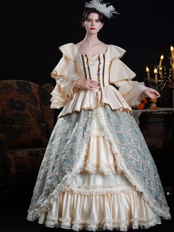 Robe de bal vintage rococo pour femme à volants et blocs de couleurs manches longues.