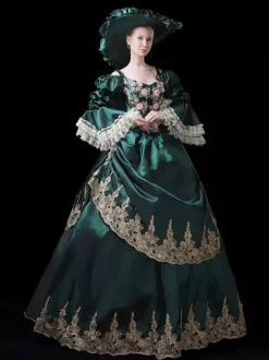 Robe de bal vintage victorienne rococo pour femme ornée de dentelle manches évasées et imprimé floral.