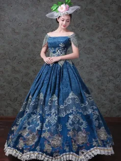 Robe de bal vintage victorienne rococo pour femme épaules dénudées imprimé floral