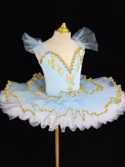 Robe de ballerine bleu ciel clair pour fille ornée d'appliqués de dentelle en polyester idéale pour les spectacles.