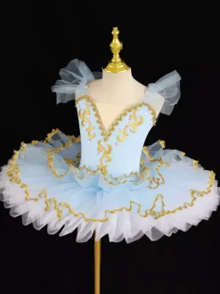 Robe de ballerine bleu ciel clair pour fille ornée d'appliqués de dentelle en polyester idéale pour les spectacles.
