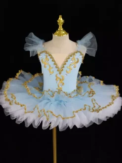 Robe de ballerine bleu ciel clair pour fille ornée d'appliqués de dentelle en polyester idéale pour les spectacles.