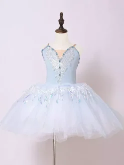 Robe de ballerine rose ballet pour petite fille col en V en polyester avec application de dentelle.
