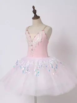 Robe de ballerine rose ballet pour petite fille col en V en polyester avec application de dentelle.