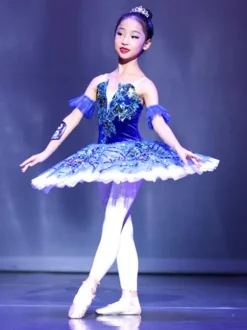 Robe de Ballet bleu profond pour adultes et enfants ballerine à volants en dentelle imprimé Floral en Polyester vêtements de Performance