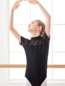 Robe de ballet noir fille ballerine enfant dentelle plissée 艙uvre dos nu mélange de coton combinaison vêtements de performance