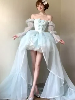Robe de ballet Sweet Lolita noire à manches longues et n艙uds avec traîne.