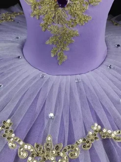 Robe de ballet violette pour fille ornée de dentelle et de sequins idéale pour les spectacles.