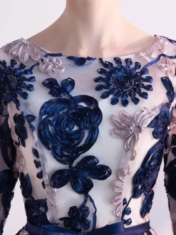 Robe de cocktail col bateau demi-manche bleu marine foncé longueur au genou Robe de soirée