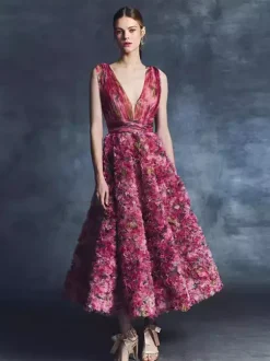 Robe de cocktail vintage robe de bal glamour longueur thé col en V fleurs