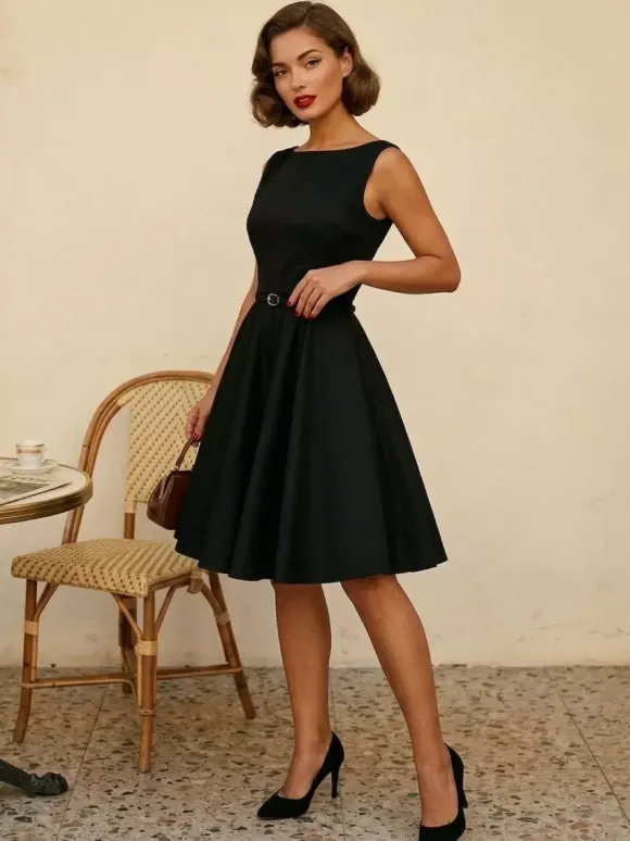 Robe de cocktail vintage années 1950 pour femme - Robe midi style Audery sans manches col bateau coupe trapèze et ceinture - Idéale pour un mariage (2026)