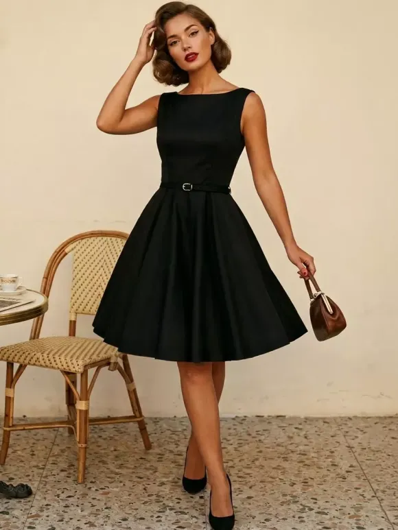 Robe de cocktail vintage années 1950 pour femme - Robe midi style Audery sans manches col bateau coupe trapèze et ceinture - Idéale pour un mariage (2026)
