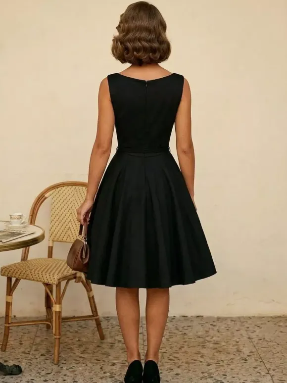 Robe de cocktail vintage années 1950 pour femme - Robe midi style Audery sans manches col bateau coupe trapèze et ceinture - Idéale pour un mariage (2026)