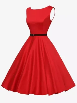 Robe de cocktail vintage années 1950 pour femme - Robe midi style Audery sans manches col bateau coupe trapèze et ceinture - Idéale pour un mariage (2026)