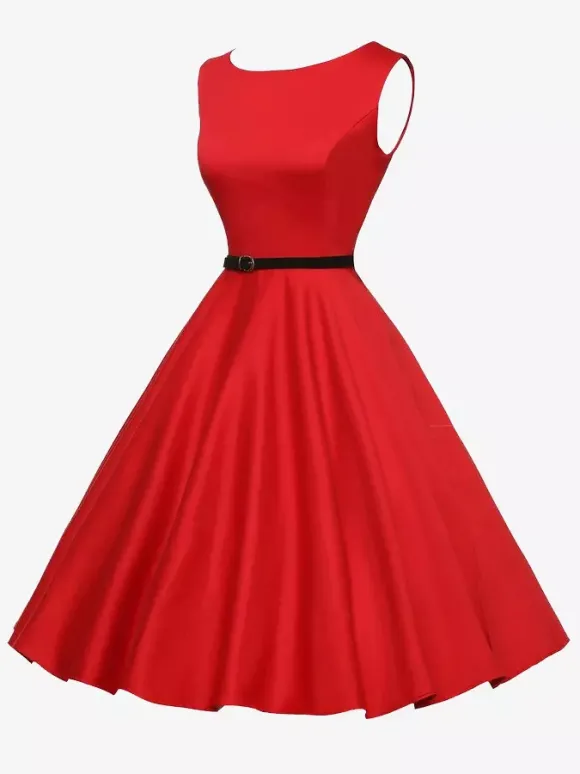 Robe de cocktail vintage années 1950 pour femme - Robe midi style Audery sans manches col bateau coupe trapèze et ceinture - Idéale pour un mariage (2026)