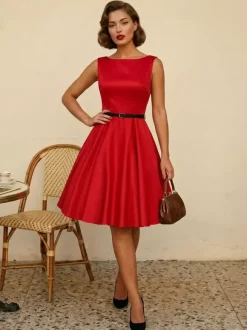 Robe de cocktail vintage années 1950 pour femme - Robe midi style Audery sans manches col bateau coupe trapèze et ceinture - Idéale pour un mariage (2026)