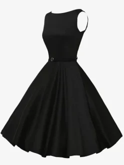 Robe de cocktail vintage années 1950 pour femme - Robe midi style Audery sans manches col bateau coupe trapèze et ceinture - Idéale pour un mariage (2026)