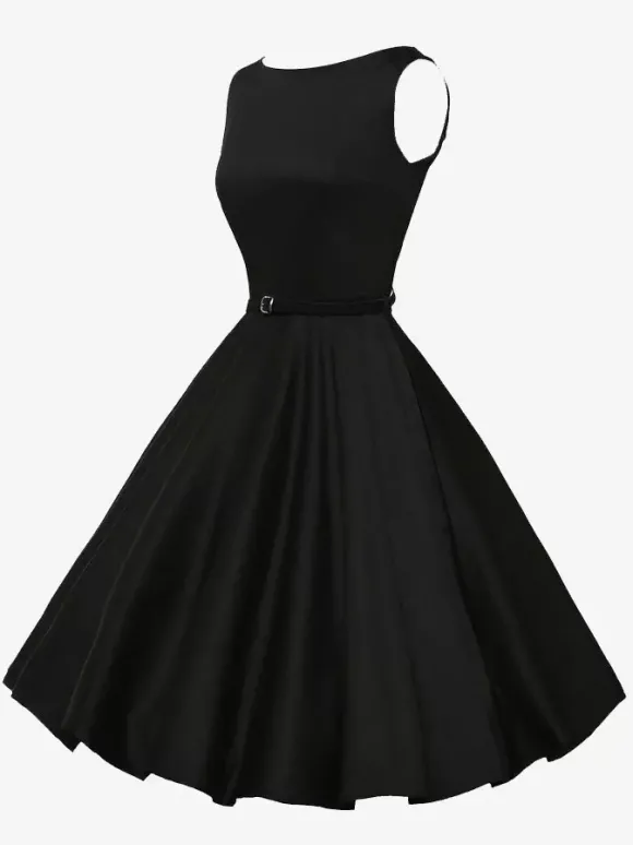 Robe de cocktail vintage années 1950 pour femme - Robe midi style Audery sans manches col bateau coupe trapèze et ceinture - Idéale pour un mariage (2026)
