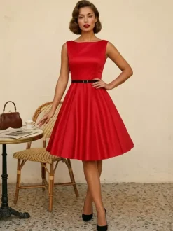 Robe de cocktail vintage années 1950 pour femme - Robe midi style Audery sans manches col bateau coupe trapèze et ceinture - Idéale pour un mariage (2026)