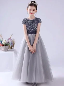 Robe de cortège enfant robe fille cérémonie rose paillete col rond manche courte au sol jupe en tulle noeud sur dos