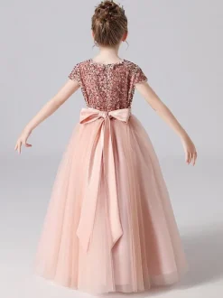 Robe de cortège enfant robe fille cérémonie rose paillete col rond manche courte au sol jupe en tulle noeud sur dos