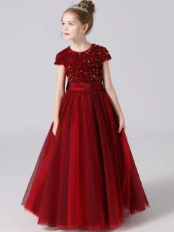 Robe de cortège enfant robe fille cérémonie rose paillete col rond manche courte au sol jupe en tulle noeud sur dos