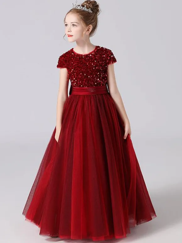 Robe de cortège enfant robe fille cérémonie rose paillete col rond manche courte au sol jupe en tulle noeud sur dos