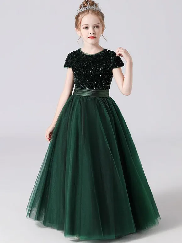 Robe de cortège enfant robe fille cérémonie rose paillete col rond manche courte au sol jupe en tulle noeud sur dos